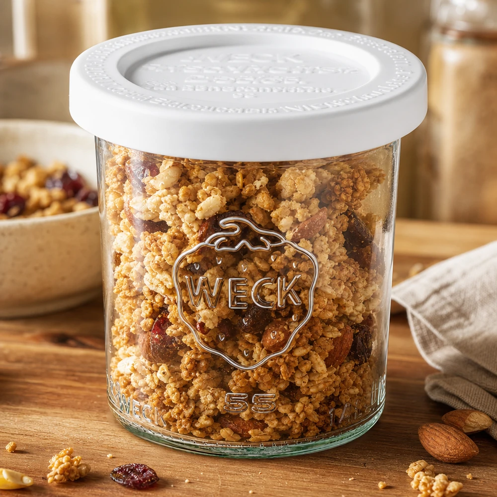 Frasco de armazenamento WECK 140ml RR60 cheio de muesli e nozes - frasco de armazenamento versátil para alimentos secos