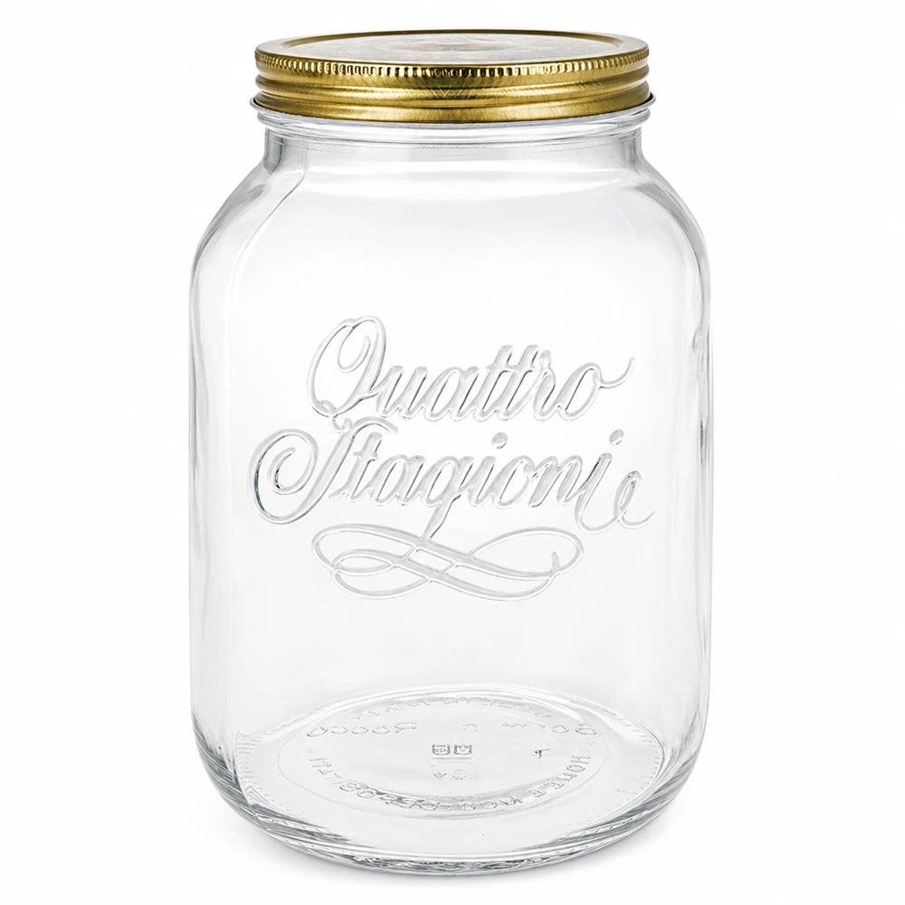 3000ml Rundglas "Quattro Stagioni" mit Deckel Frasco redondo vazio de 3000 ml de Quattro Stagioni com tampa de rosca dourada e logótipo em relevo sobre fundo branco