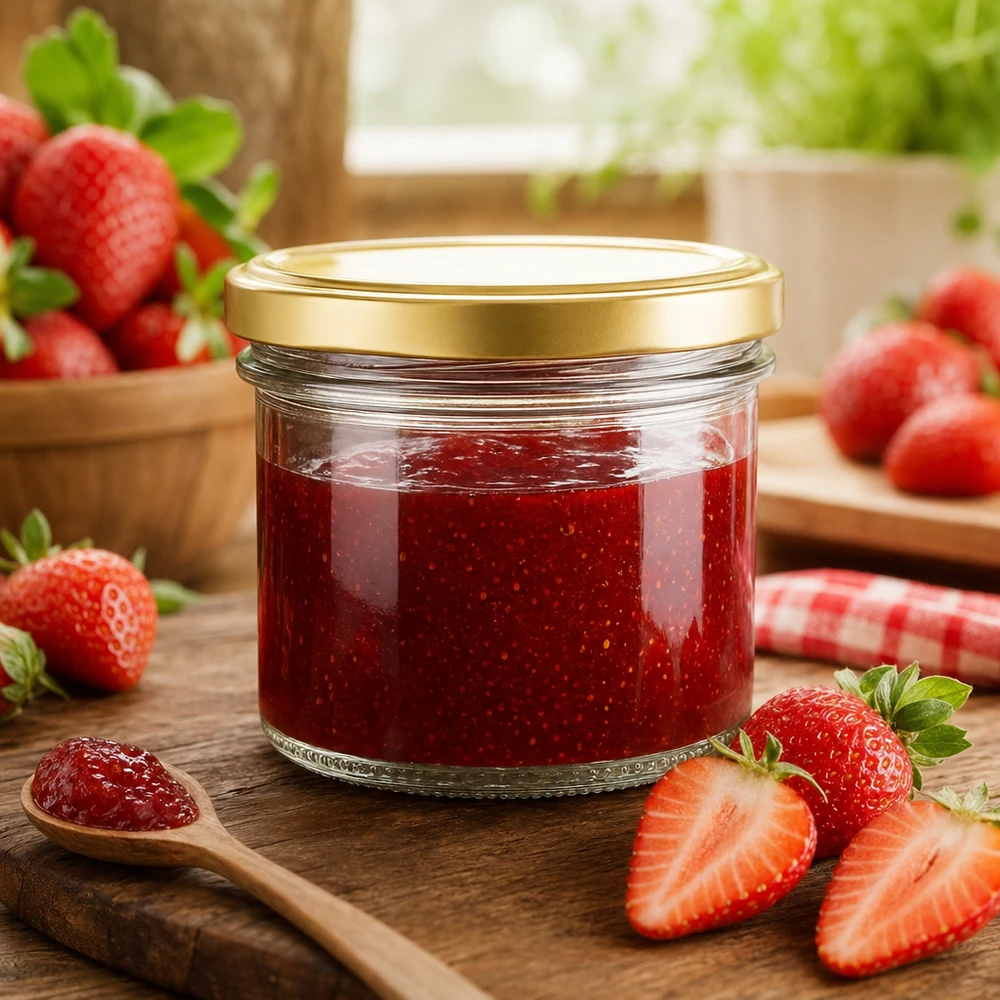 Copos de vidro de 125 ml com tampa BasicSeal dourada UNiTWIST 125ml Sturzglas mit goldenem BasicSeal Deckel gefüllt mit Erdbeermarmelade auf Holzbrett mit frischen Erdbeeren