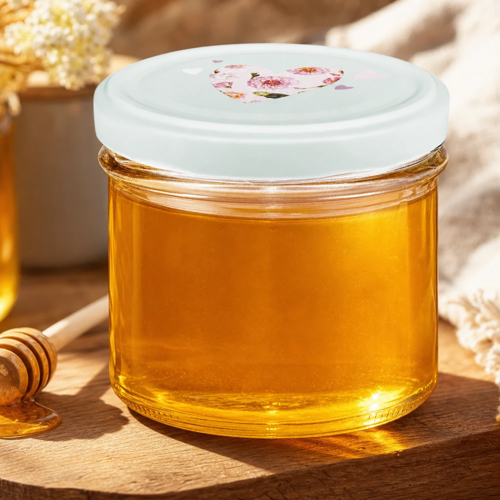 225 ml de tampa de coração BasicSeal com hortelã cheia de mel amarelo dourado numa mesa de madeira com colher de mel
