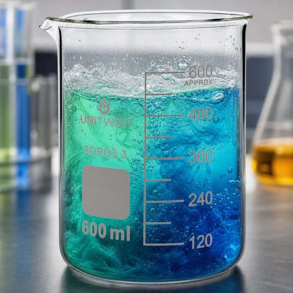 Copo 600 ml de borossilicato, baixo teor de bolor UNiTWIST Copo de vidro UNiTWIST de 600 ml em borossilicato, com reação de cor verde-azulada e formação de bolhas