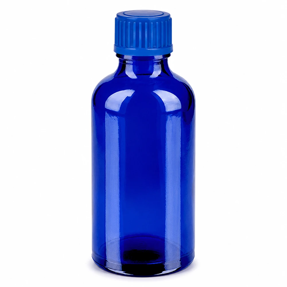 Frasco de 50ml com tampa de rosca de 11mm azul Standard BlueLine UT18/50 Frasco de vidro azul de 50 ml com tampa de rosca para aromaterapia e óleos essenciais