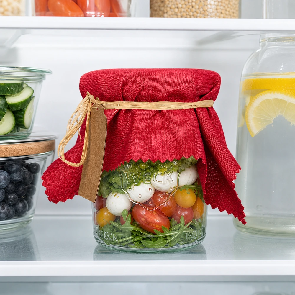 Guardanapo decorativo em tecido vermelho bordeaux com 15 cm quadrados num frasco de salada de legumes no frigorífico ao lado de pepino e água com limão