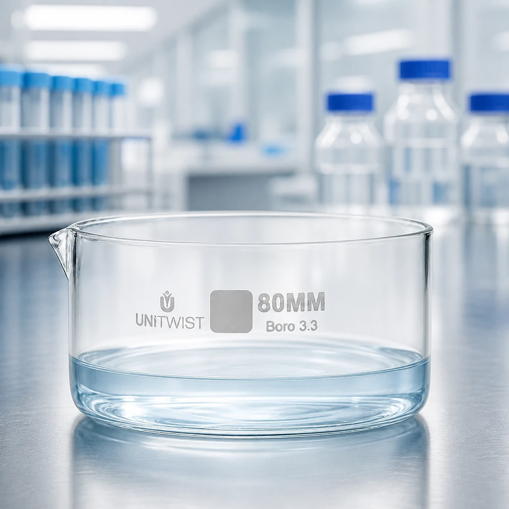 Prato de cristalização ø80mm vidro borossilicato UNiTWIST Bacía de cristalização de 80 mm em vidro borossilicato 3.3 UNiTWIST com água sobre uma superfície de aço inoxidável no laboratório