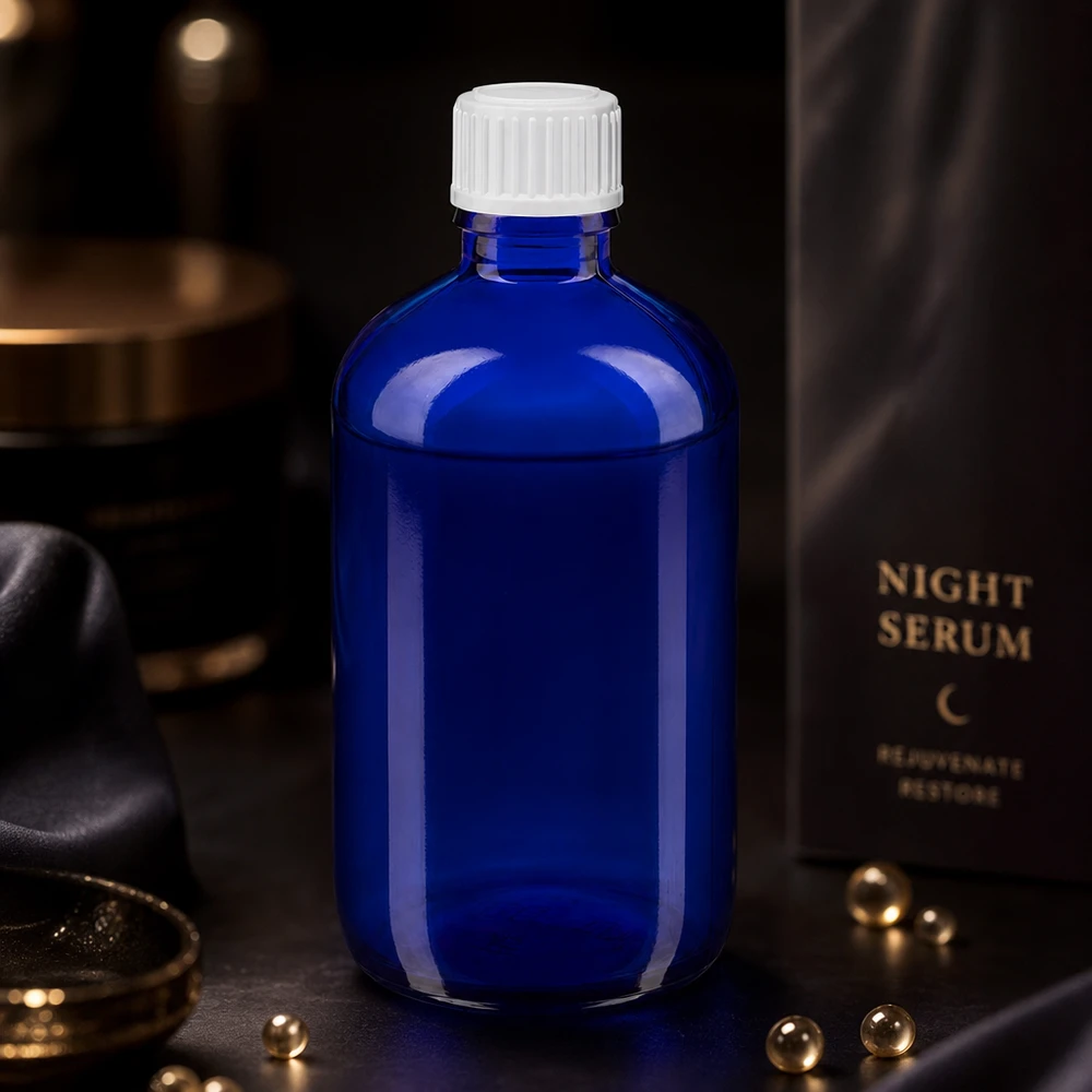Frasco conta-gotas com proteção contra a luz, de 100 ml, em azul cobalto, com bico dosador preciso de 0,9 mm para soros