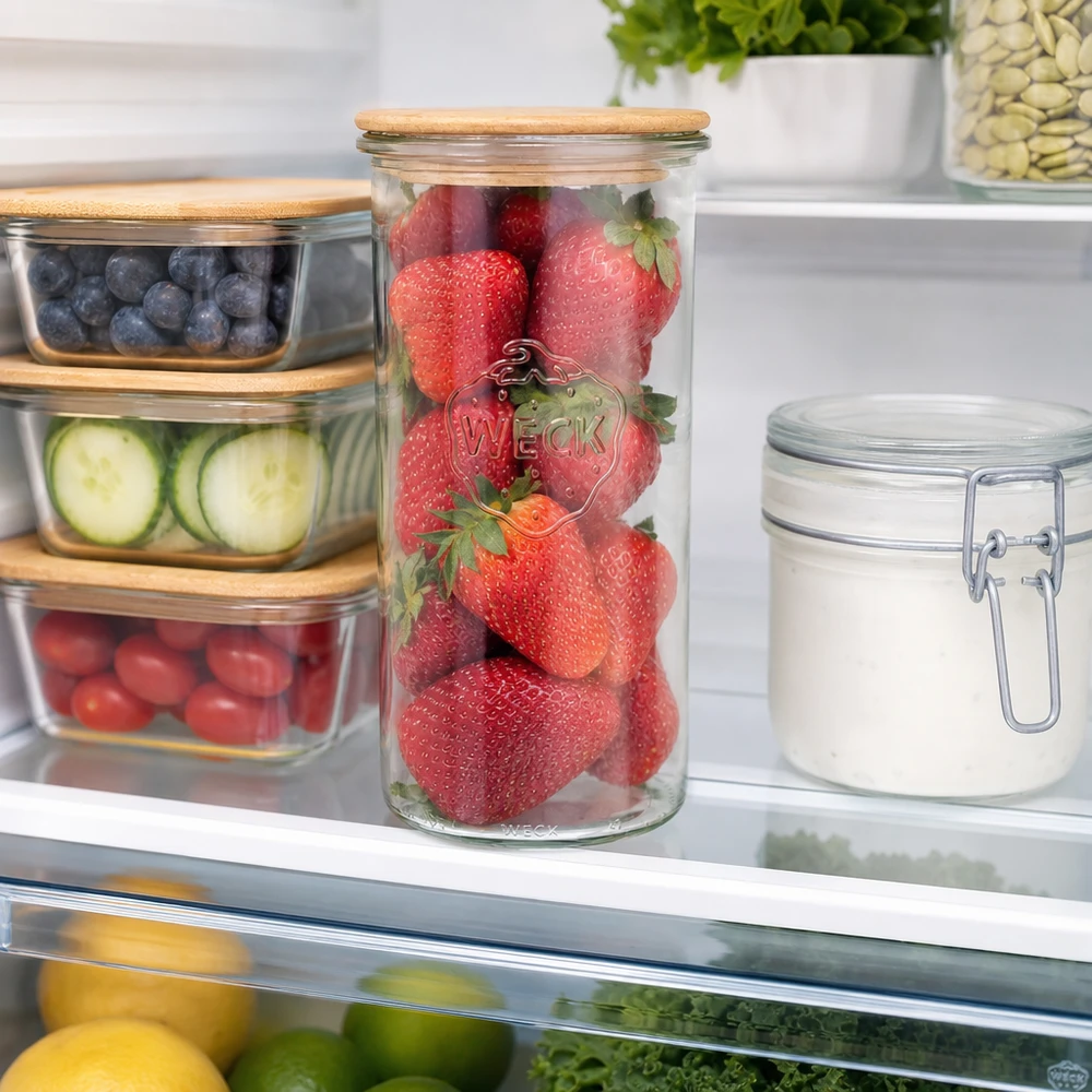 Copos de vidro de 1500ml WECK RR100 com tampa de madeira WECK Sturzglas 1500ml RR100 mit Holzdeckel im Kühlschrank gefüllt mit frischen Erdbeeren für Frischhaltung
