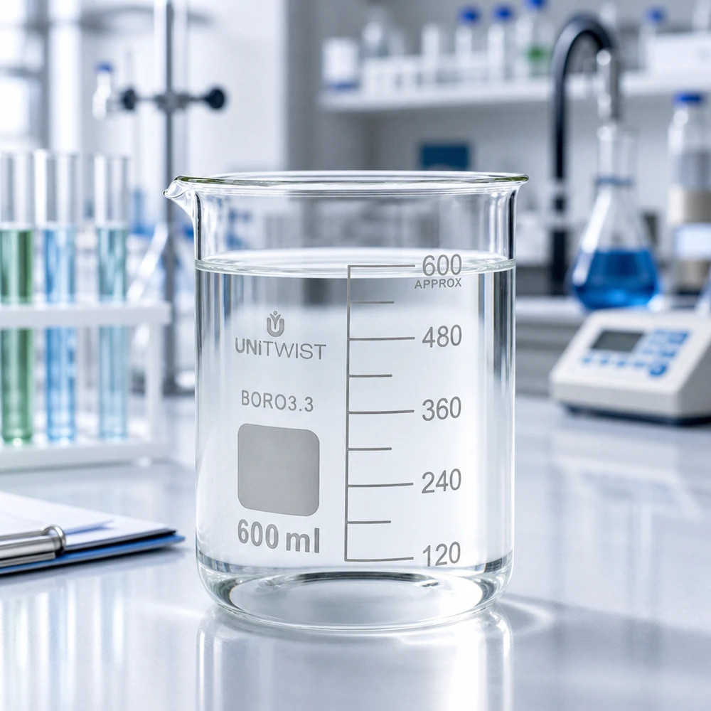 Copo de vidro UNiTWIST vazio de 600 ml, borossilicato 3.3, de formato baixo, transparente, para uso em laboratório