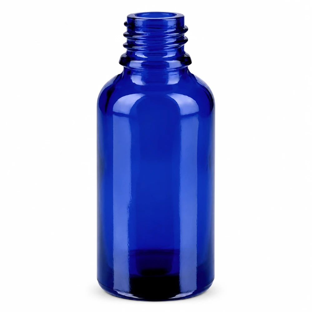 Frasco farmacêutico azul de 30 ml com rosca de 11 mm para aplicações farmacêuticas e medicamentos