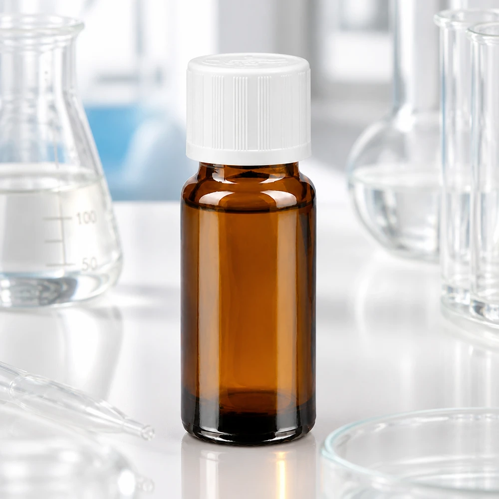 Frasco de vidro âmbar de 10 ml com tampa de segurança branca num ambiente de laboratório