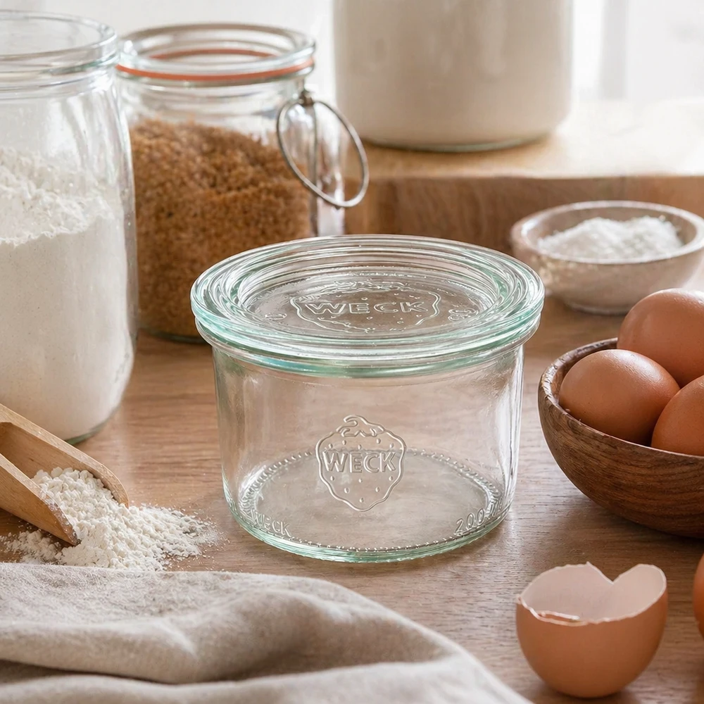 Frasco de pedreiro WECK 200ml RR80 com tampa de vidro numa cozinha rústica entre ingredientes de pastelaria, farinha, ovos e frascos de arrumação