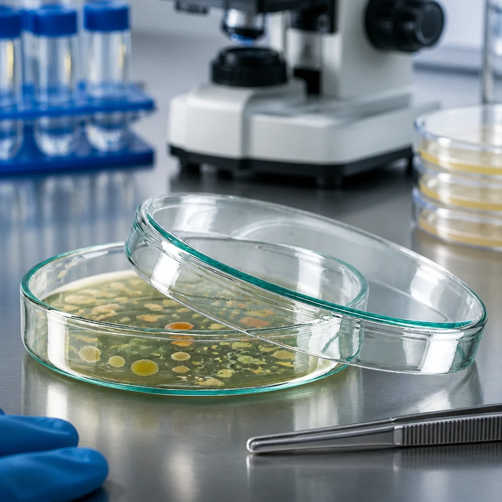 Placa de Petri de vidro, 100 x 20 mm, com culturas bacterianas em meio de cultura no laboratório de microbiologia