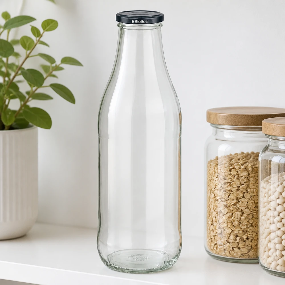 Garrafa de vidro de 1000 ml com tampa BioSeal preta prateleira de cozinha frascos de armazenamento de feijão branco de aveia tampa de madeira planta