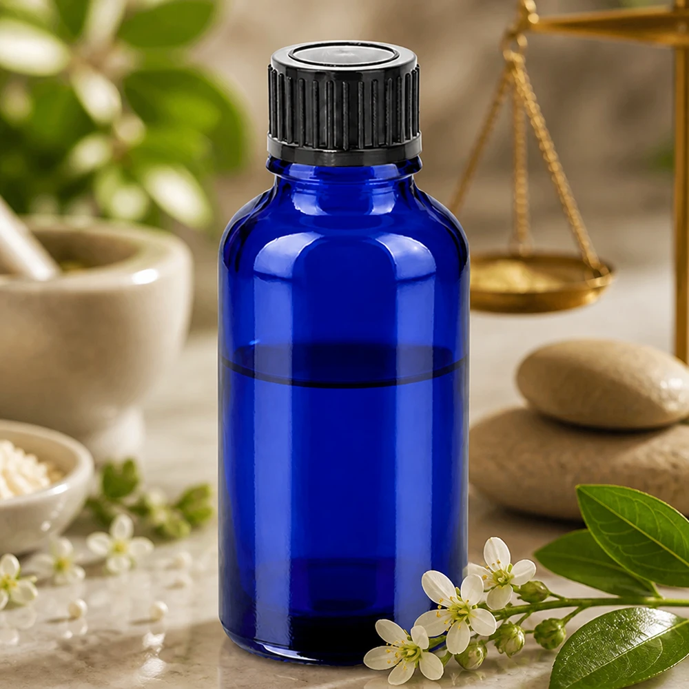 Frasco de vidro azul de 30 ml com tampa preta ideal para cosméticos DIY e naturopatia