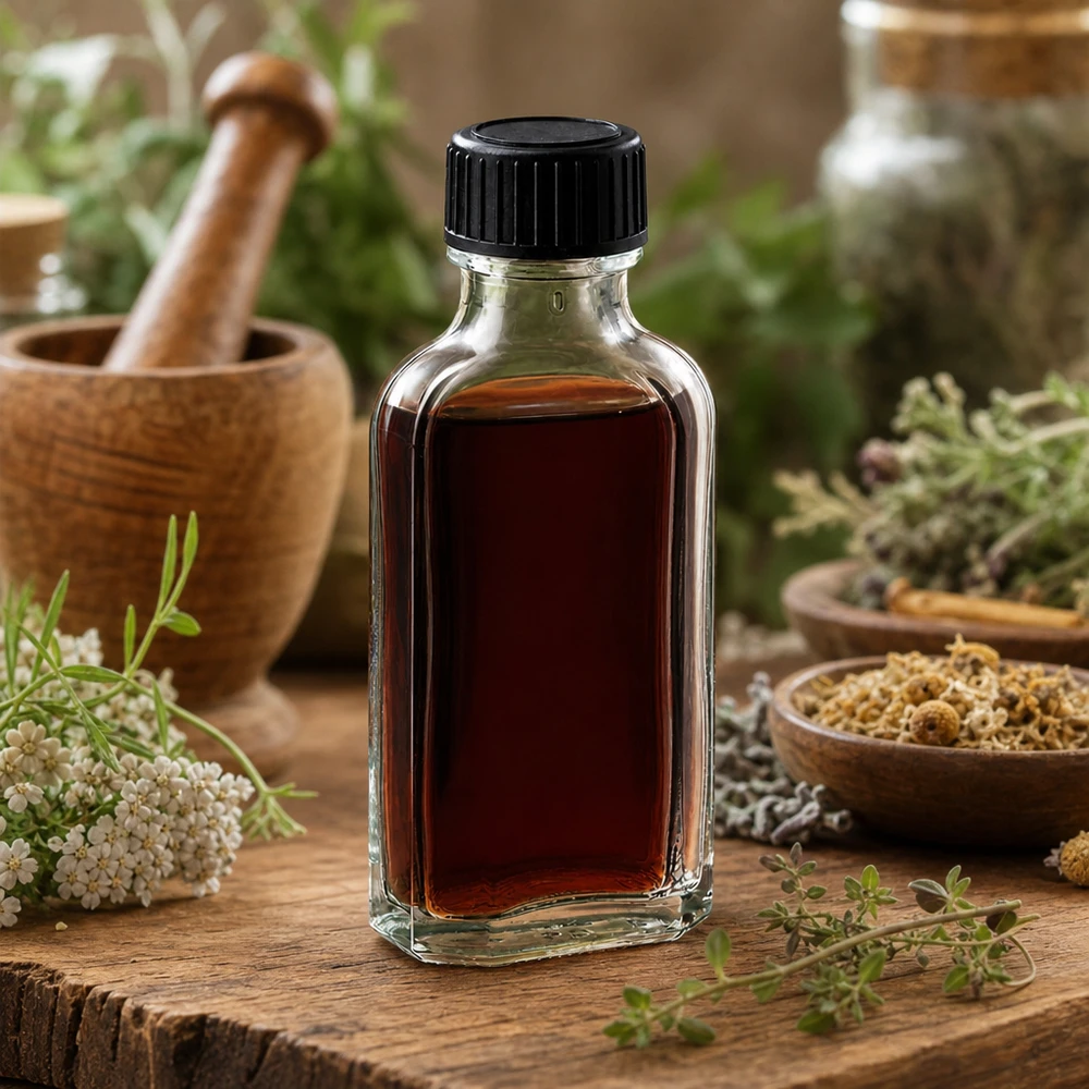 Frasco de vidro Meplat plano de 50 ml com tampa de rosca preta, entre ervas frescas e um almofariz de madeira