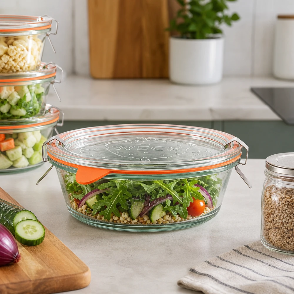 Frasco gourmet WECK de 300 ml RR120 cheio de salada fresca na bancada da cozinha, recipiente de vidro para preparação de refeições
