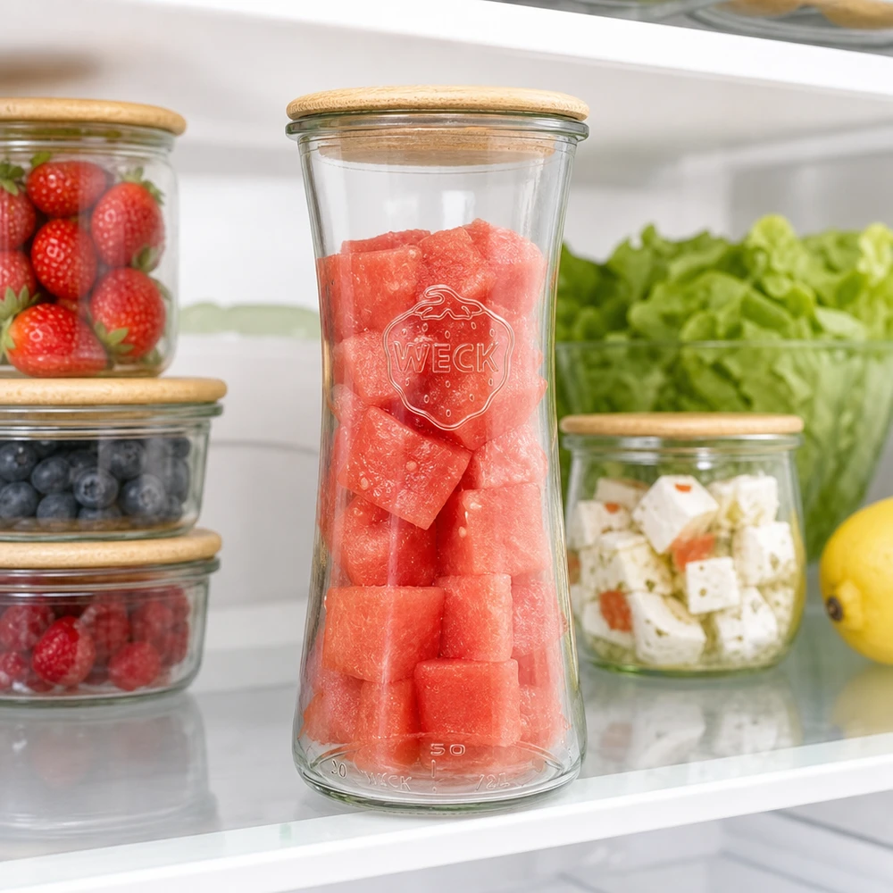 Frasco de armazenamento WECK 700ml RR80 cheio de melancia no frigorífico entre bagas frescas e salada