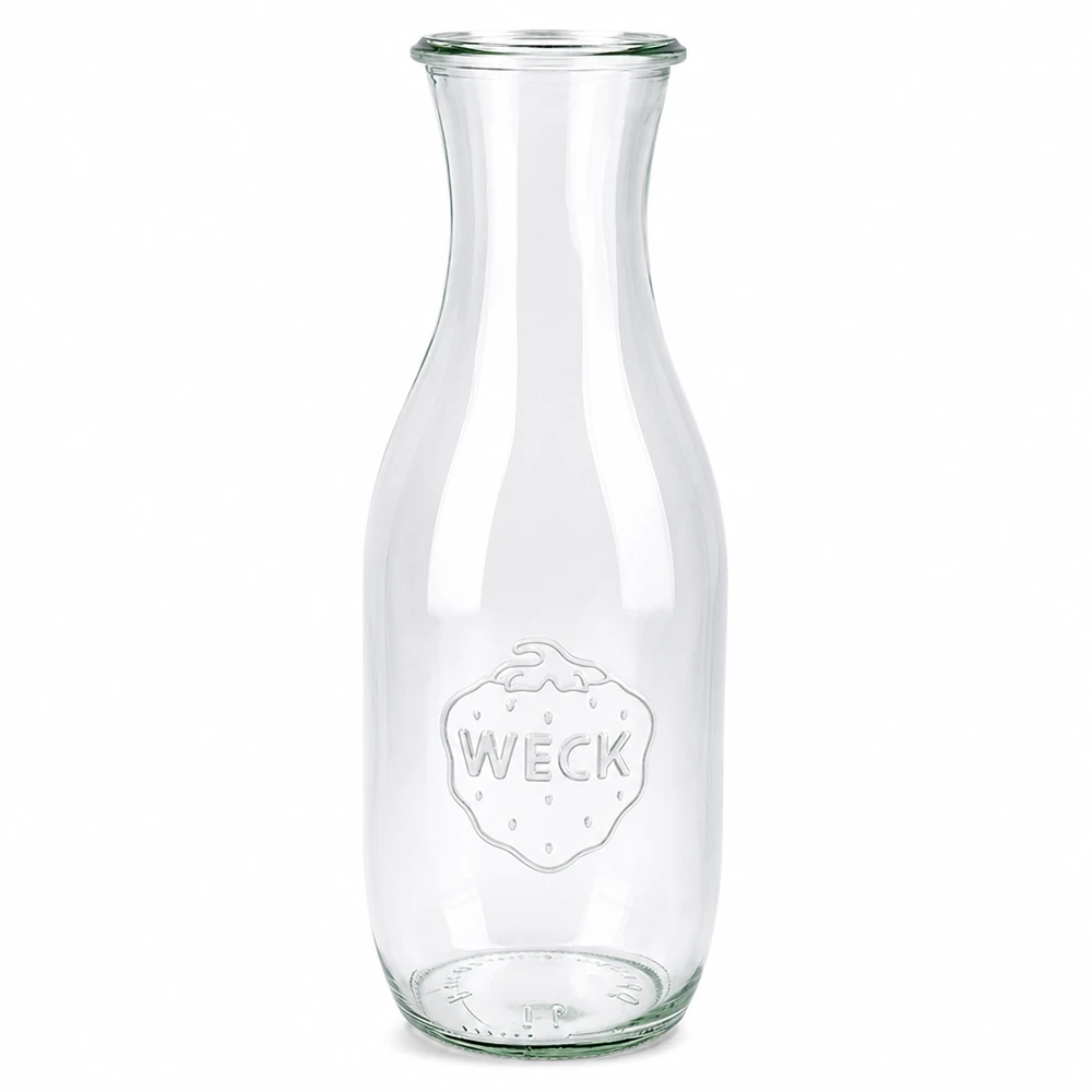 Garrafa de sumo WECK 1062ml RR60 em vidro transparente com logótipo em relevo e abertura larga para sumos e bebidas