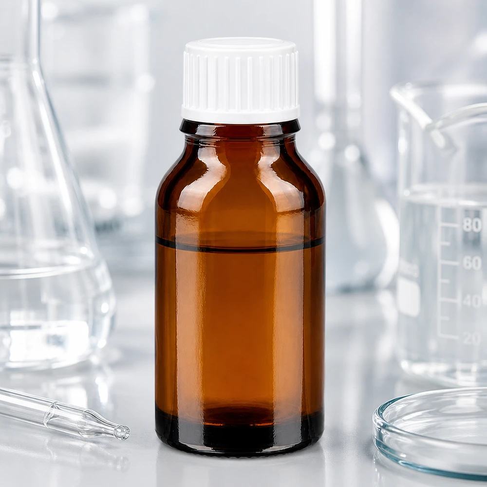 Frasco de farmácia castanho de 15 ml com tampa de segurança para crianças branca num ambiente de laboratório