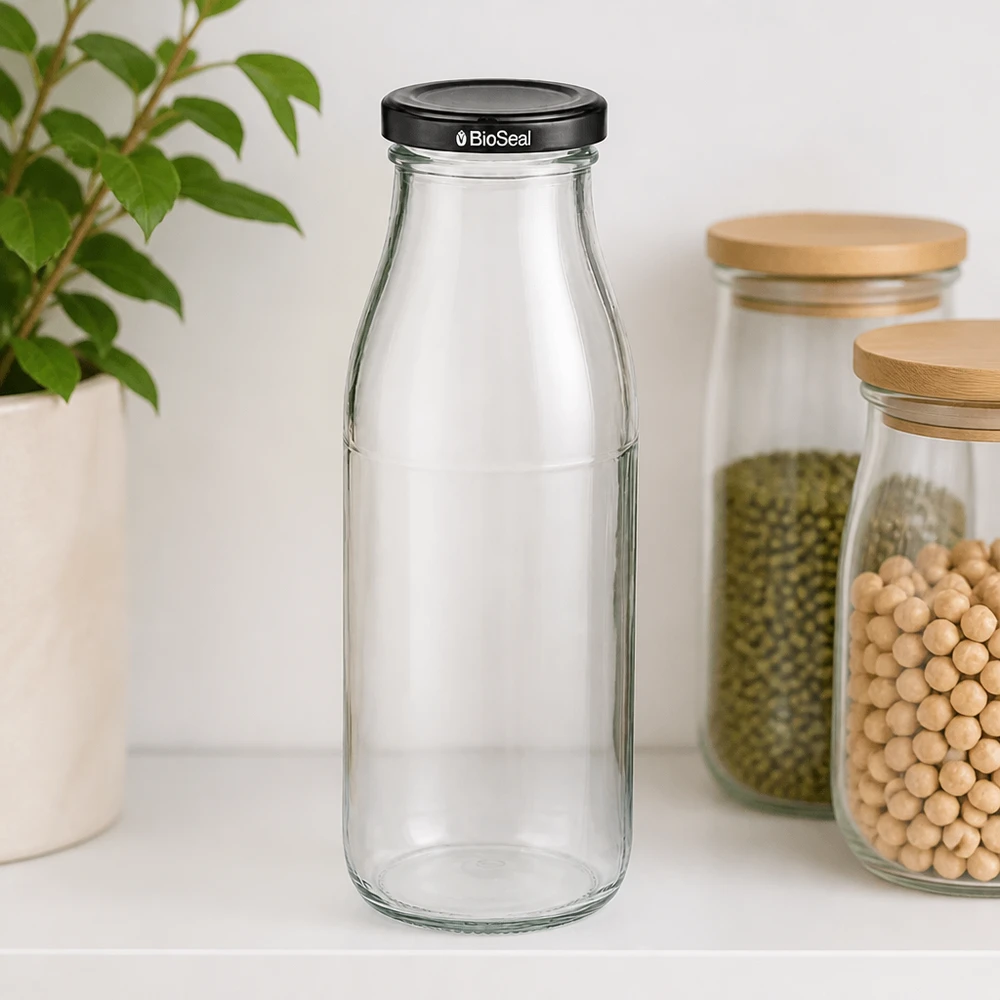 Garrafa de vidro de 500 ml com tampa BioSeal preta em ambiente de cozinha junto a frascos de armazenamento com legumes e plantas