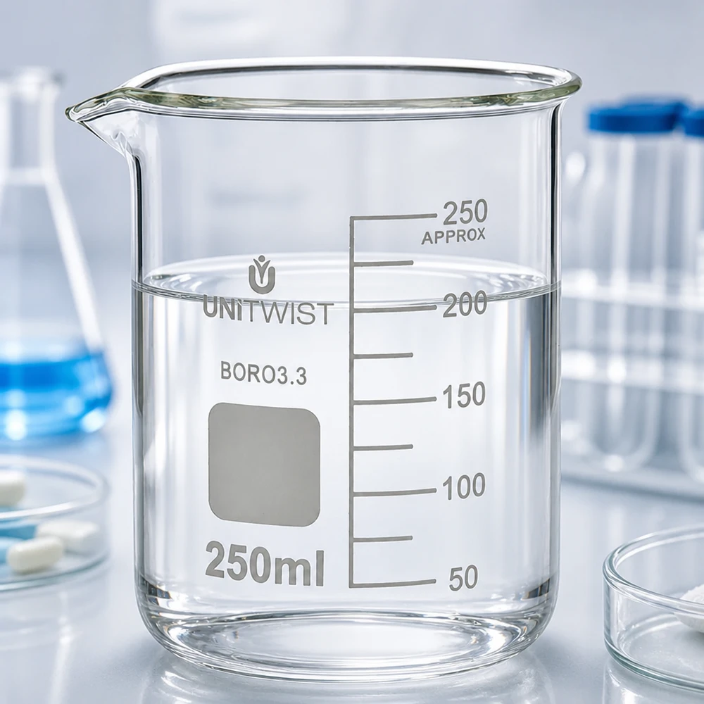Copo 250 ml de borossilicato, baixo teor de bolor UNiTWIST Copo de vidro de 250 ml, de formato baixo, cheio de água pura até à marca de 200 ml, em laboratório