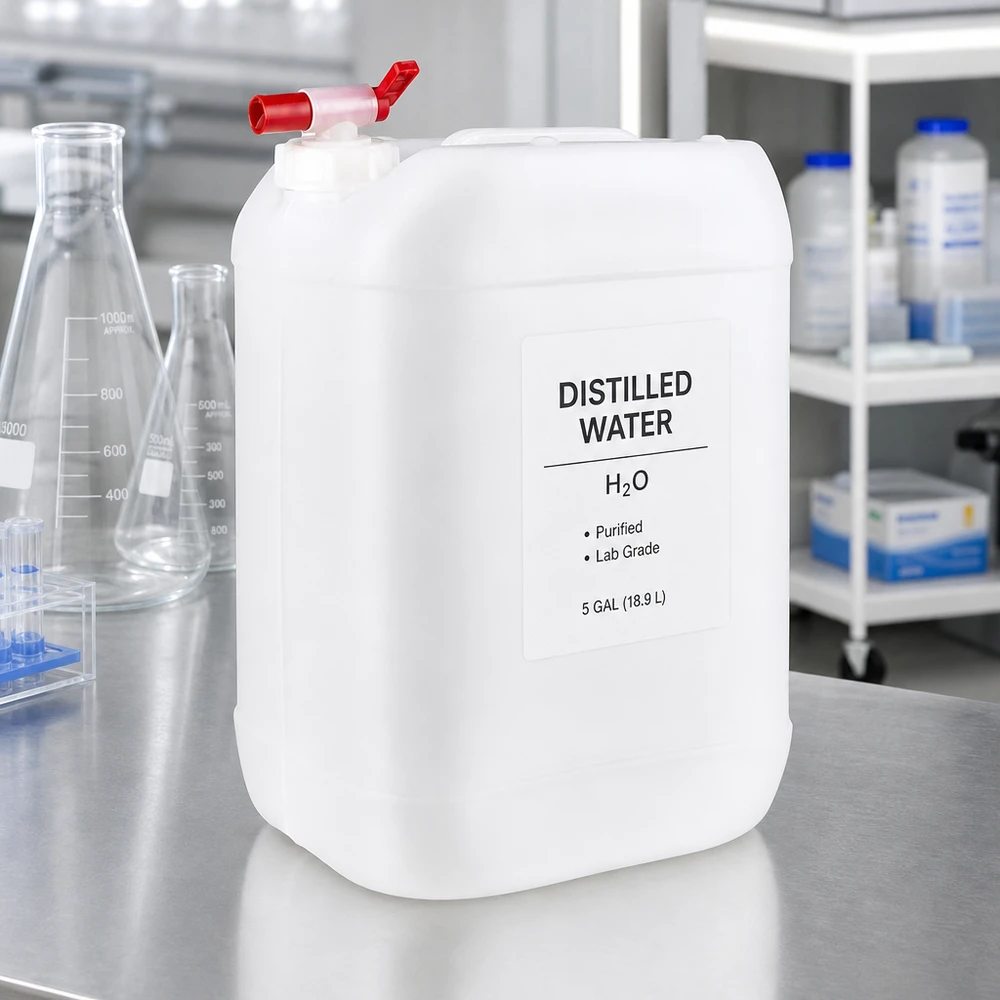 Água destilada num bidão de 25 litros com torneira, no laboratório, sobre uma mesa de aço inoxidável