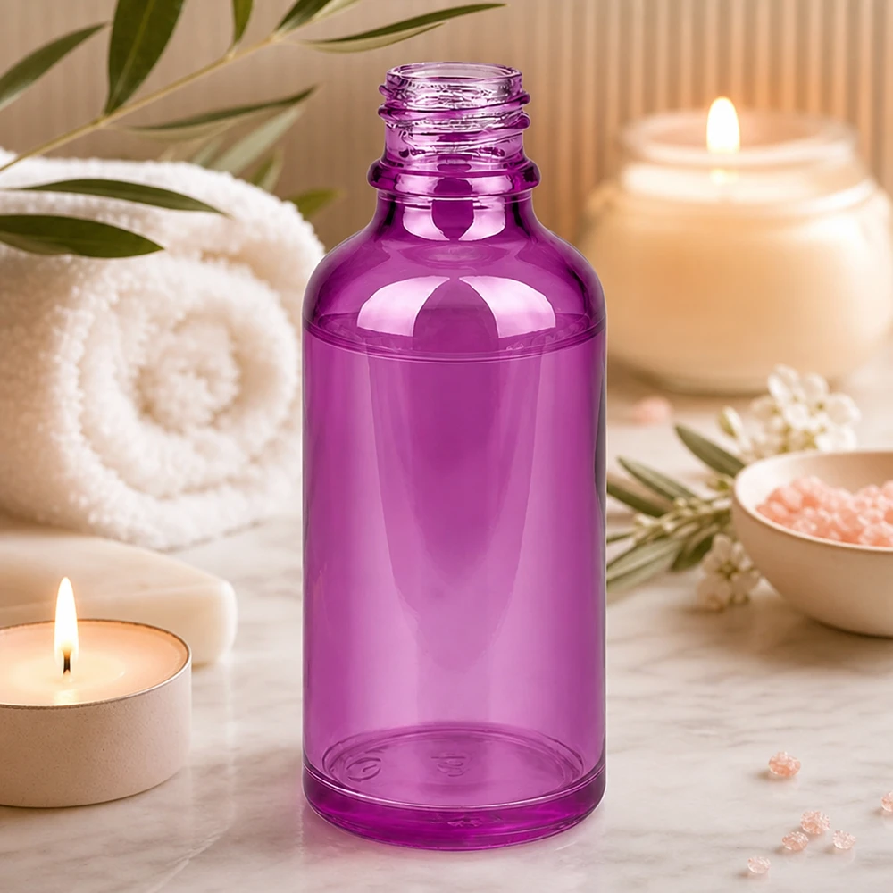 Frasco de vidro PurpleLine UT18/50 de 50 ml de alta qualidade em violeta radiante para spa e bem-estar