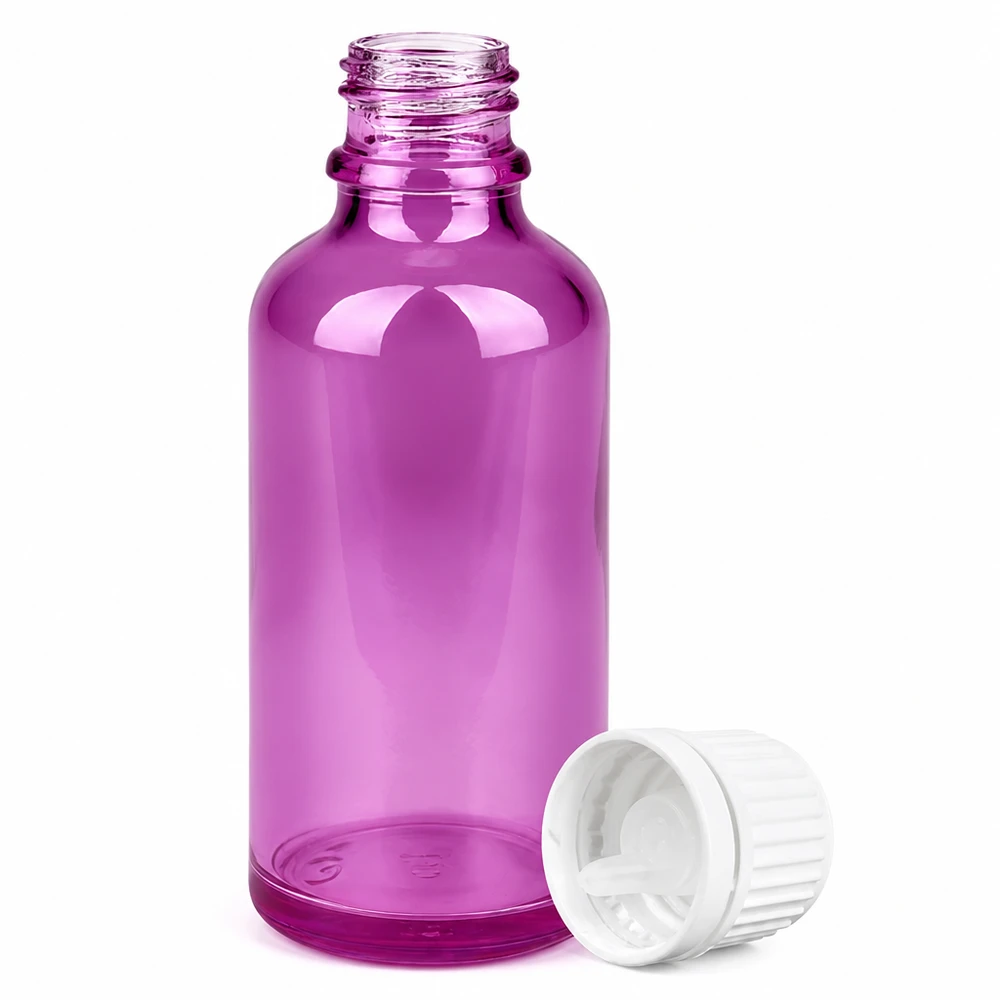 Frasco de vidro violeta de 50 ml com ponta de conta-gotas de 0,7 mm e tampa de rosca branca para óleos essenciais