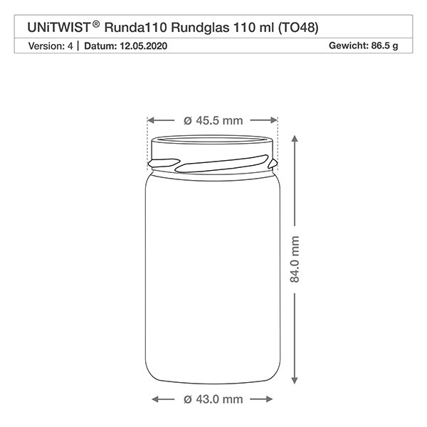 Frasco redondo de 110 ml sem tampa (TO48) UNiTWIST Desenho técnico do copo redondo UNiTWIST Runda110 110ml TO48 com dimensões de 45,5 mm de diâmetro e 84 mm de altura