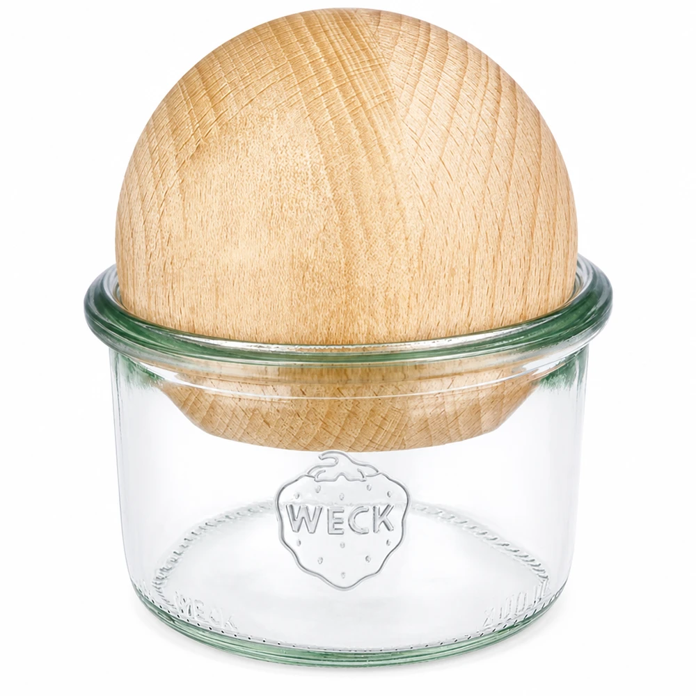 Copos de vidro WECK RR80 de 200 ml com bola de madeira de faia Copos WECK 200ml RR80 com tampa de faia com bola de madeira, vidro transparente com o logótipo WECK, frasco de armazenamento sustentável