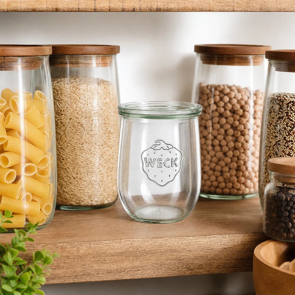 Frasco de tulipas de 1062ml com tampa de vidro WECK RR100 Frasco de tulipa WECK 1062ml organizador de arrumação armário de cozinha despensa cheio de massas arroz leguminosas prateleira de madeira