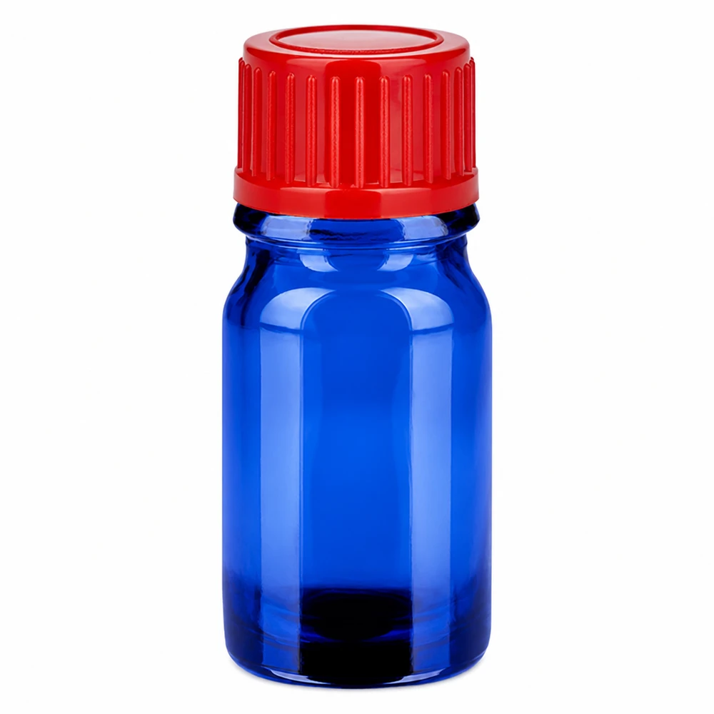 Frasco de 5 ml com tampa de rosca de 11 mm vermelha Standard BlueLine UT18/5 Frasco de vidro azul de 5 ml com tampa de rosca vermelha 11 mm SV para aplicações laboratoriais