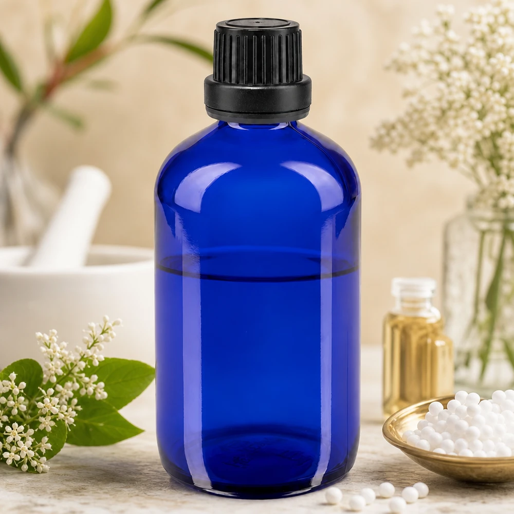 Frasco de farmácia azul 100ml tampa de rosca preta fecho inviolável Frasco de vidro azul de 100 ml com tampa conta-gotas preta, em frente a um almofariz e um pilão