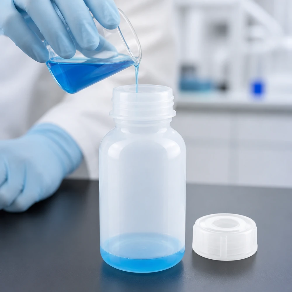 Um técnico de laboratório transfere um líquido azul de um frasco de Erlenmeyer para um frasco de laboratório de gargalo largo de 100 ml