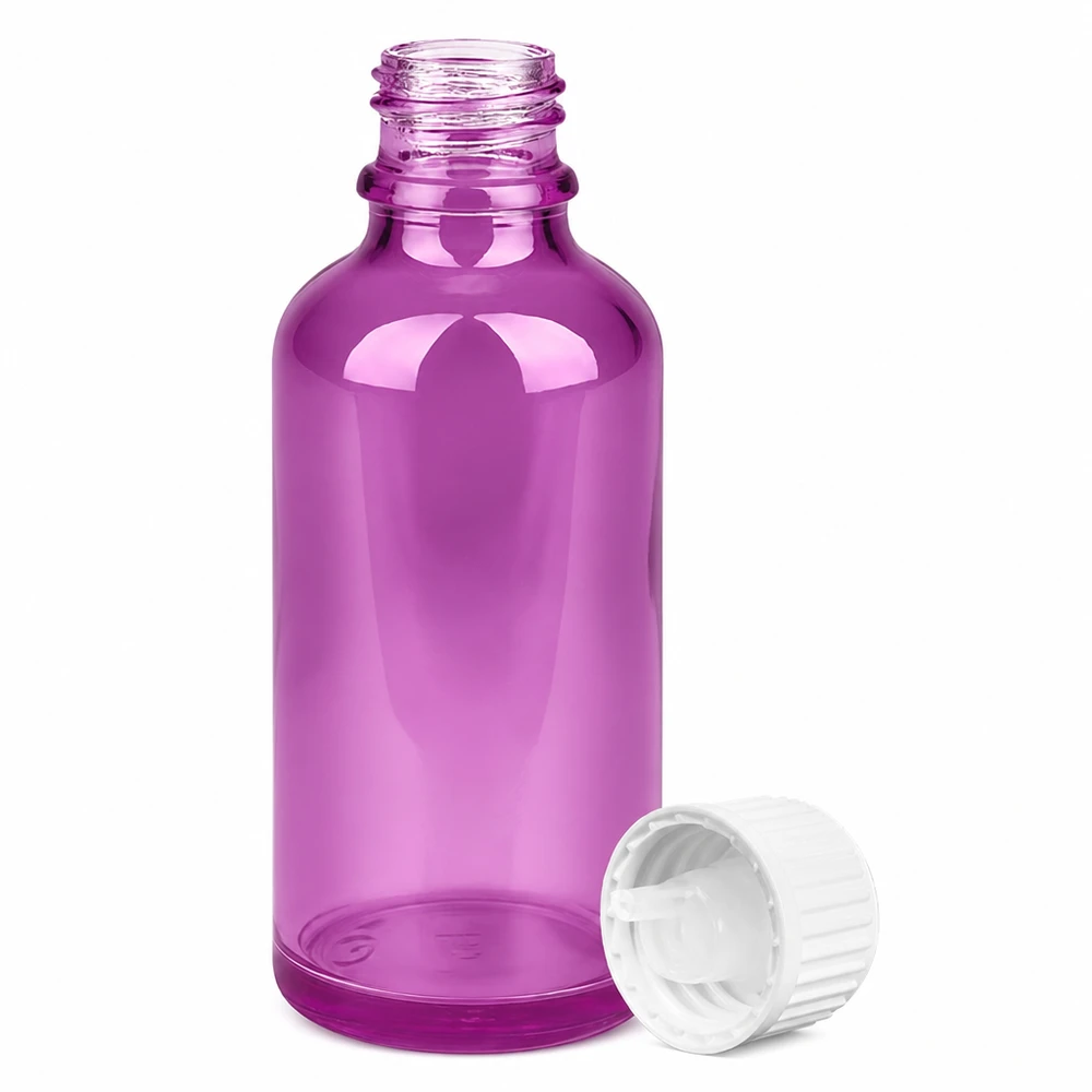 Frasco de vidro vazio de 50 ml em roxo com tampa de conta-gotas para óleos essenciais e soros