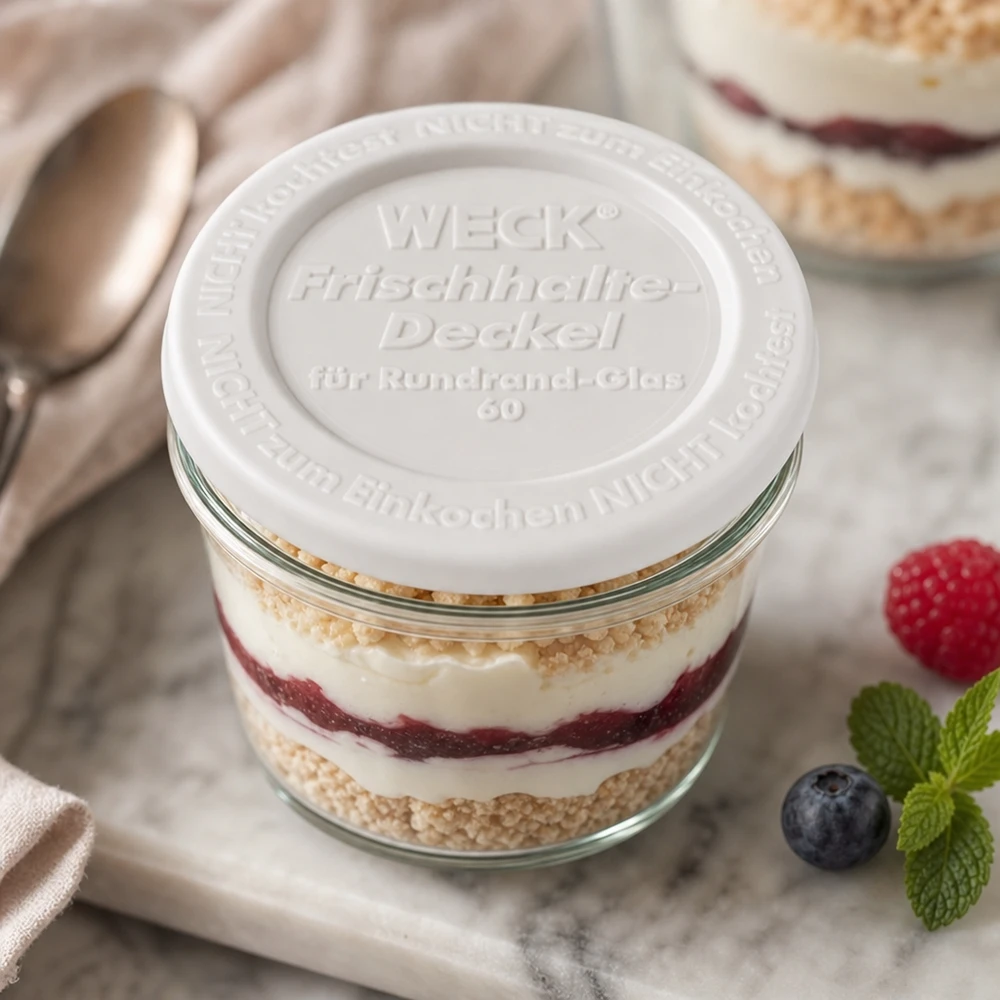 Tampa de conservação WECK RR60 WECK Frischhaltedeckel RR60 Dessertglas Schichtdessert Tiramisu Beeren Mint dekorative Präsentation Küchenstil