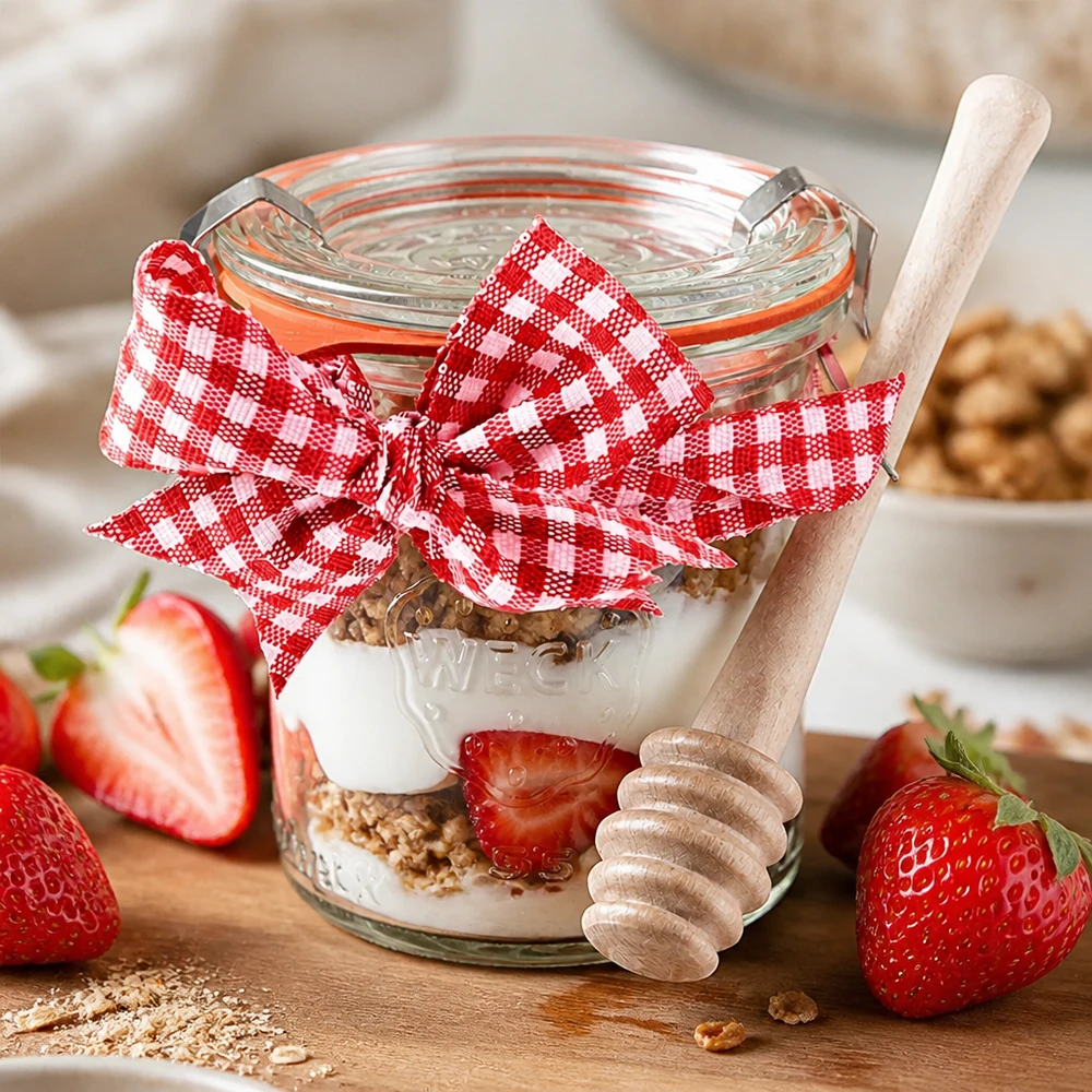 WECK mini frasco de pedreiro 140 ml iogurte muesli morangos sobremesa em camadas mel colher madeira laço Vichy vermelho branco