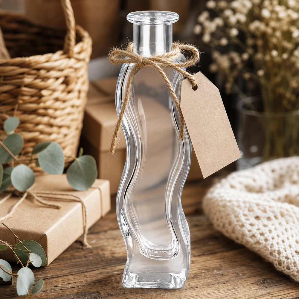 100ml Glasflasche "Melissa" ohne Verschluss UNiTWIST Frasco de vidro Melissa 100ml com pendente de papel kraft e cordão de juta decorado num ambiente rústico com eucalipto