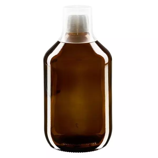 Frasco para medicamentos de 500ml castanho, fecho inviolável com copo doseador de 30ml ApoGlas Frasco para medicamentos de 500ml castanho, fecho inviolável com copo doseador de 30ml ApoGlas