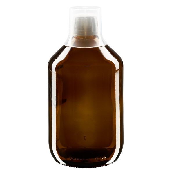 Frasco para medicamentos de 500ml castanho, fecho inviolável com copo doseador de 30ml ApoGlas