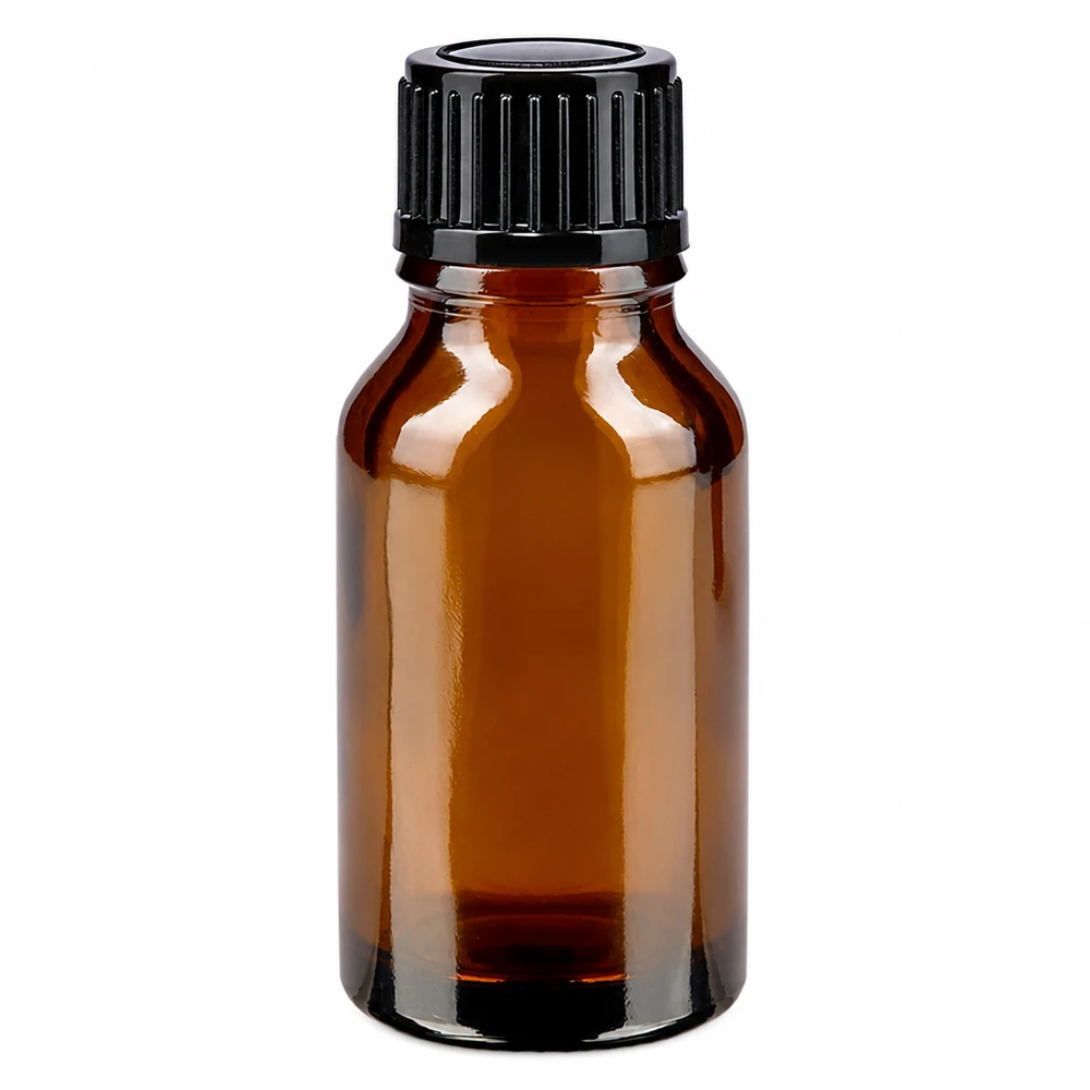 Frasco de farmácia castanho de 15 ml com tampa conta-gotas preta de 1 mm, em vidro castanho