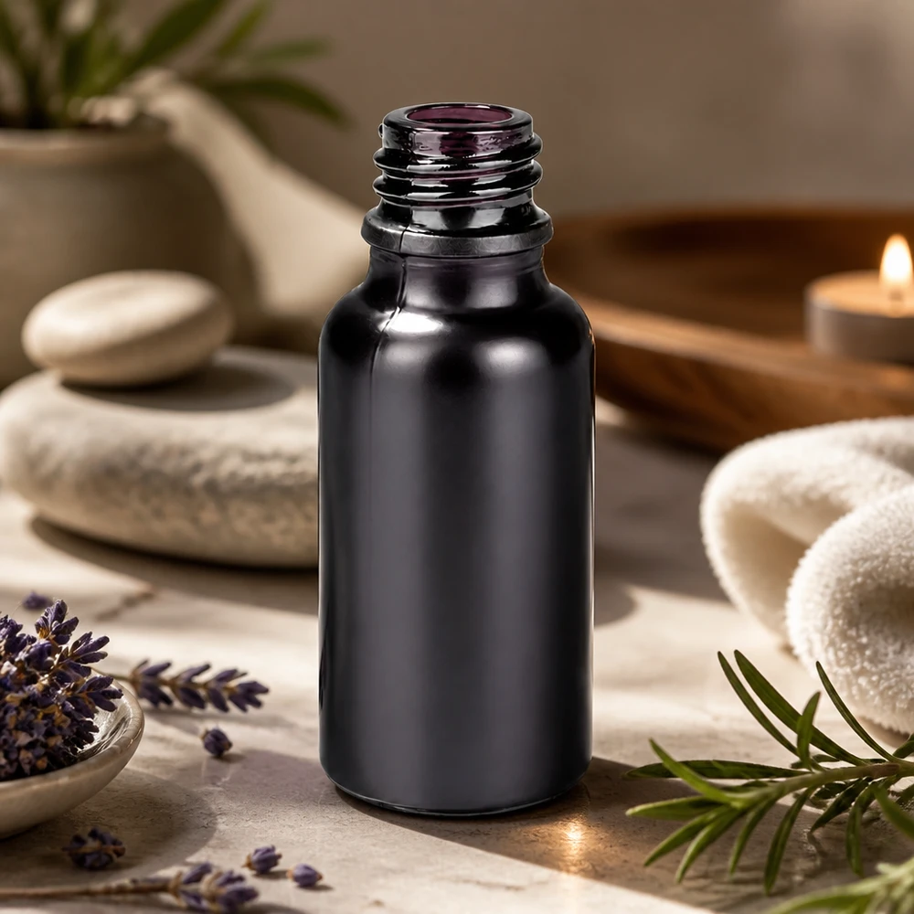 Frasco de vidro preto de 20 ml com fio conta-gotas UT18/20 para óleos essenciais e tinturas