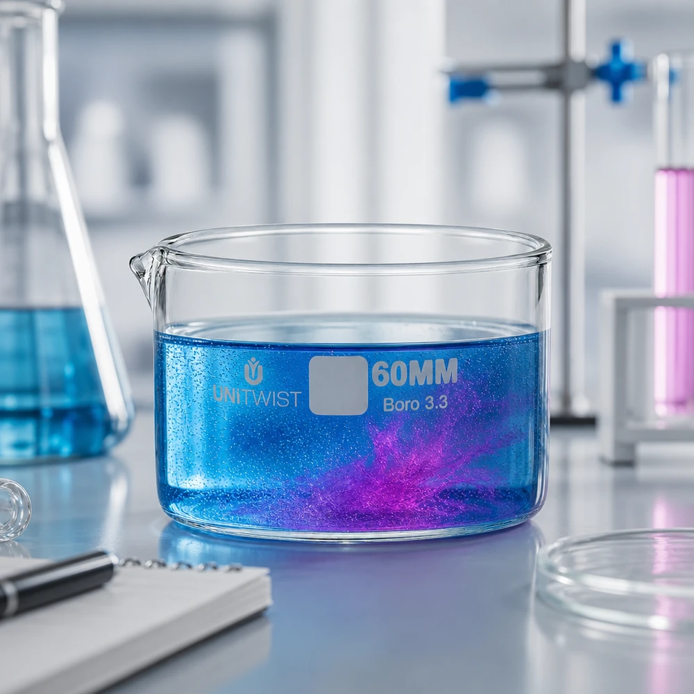 Cubeta de cristalização de 60 mm UNiTWIST com reação de cor azul-violeta num ambiente laboratorial profissional