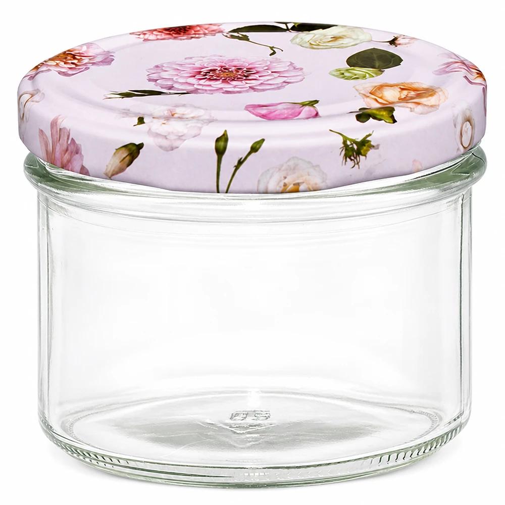 Copos de vidro de 225 ml + tampa BasicSeal flor rosa UNiTWIST Frasco de conserva de 225 ml com tampa BasicSeal de flores cor-de-rosa - frasco de conserva vazio para compotas e conservas