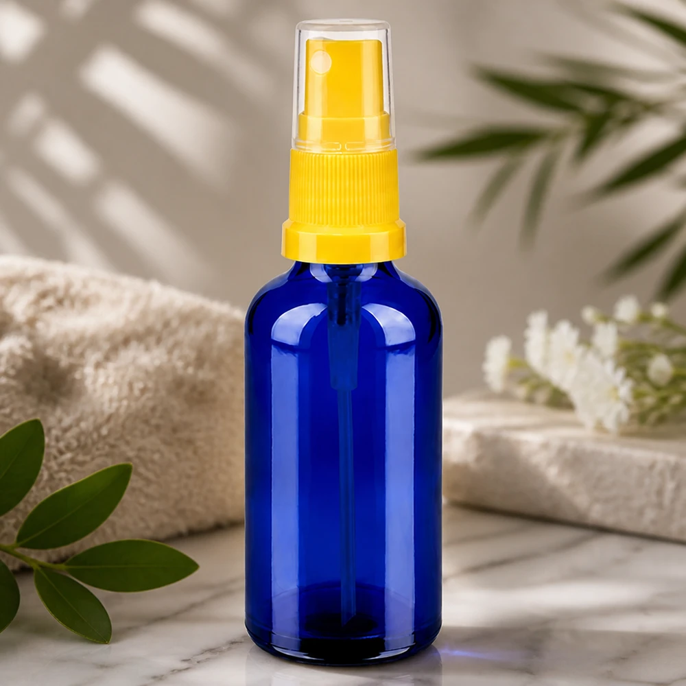 Frasco de spray profissional de 50 ml da série BlueLine com proteção UV graças ao vidro azul e à cabeça de spray amarela