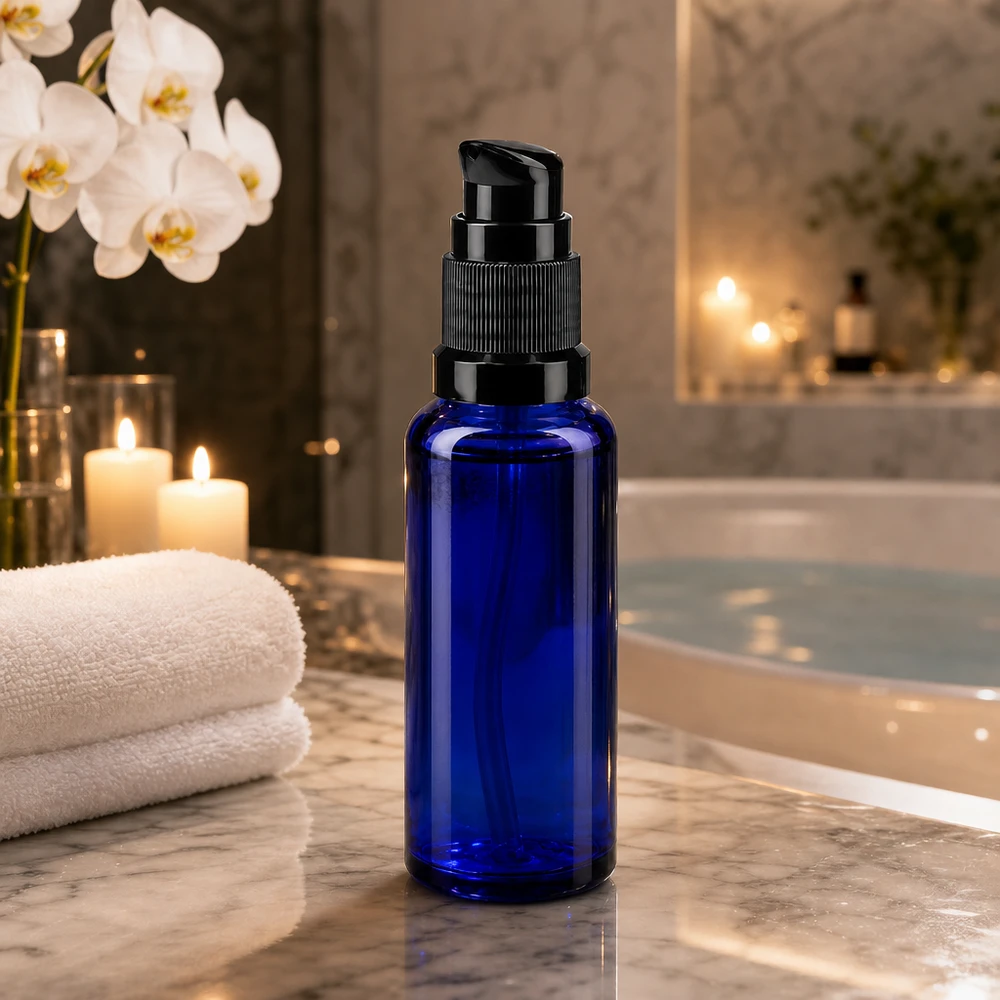 Frasco de vidro ApoGlas azul cobalto de 30 ml com doseador preto, num elegante espaço de bem-estar
