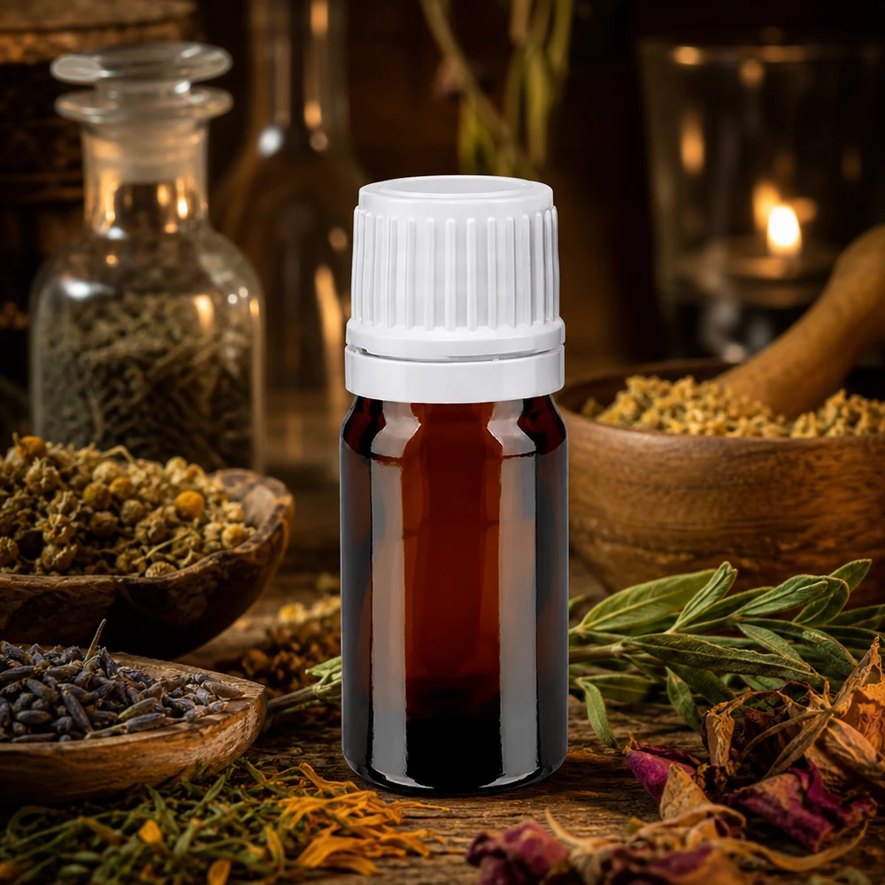 Frasco de farmácia castanho 5ml com tampa de rosca branca inviolável Conjunto de aromaterapia com ervas medicinais, com frasco de farmácia castanho de 5 ml, tampa de rosca branca e ervas