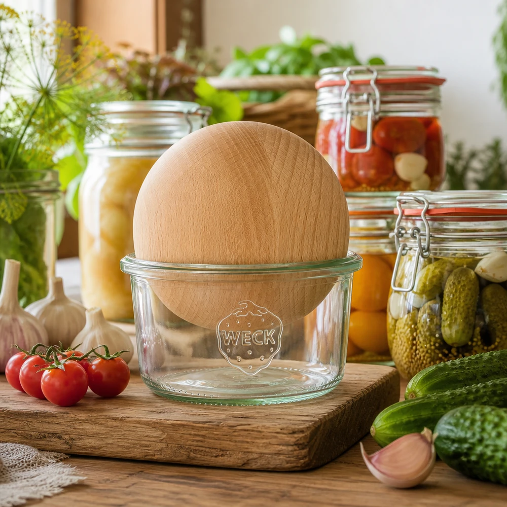 Copos de vidro de 165ml WECK RR80 com bola de madeira de faia Frasco de vidro WECK RR80 de 165 ml com bola de madeira de faia numa cozinha rústica entre frascos de conserva e legumes frescos