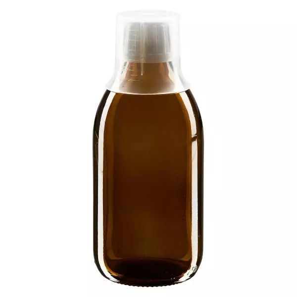 Frasco para medicamentos de 250ml castanho, tampa inviolável com copo doseador 30ml ApoGlas Frasco para medicamentos de 250ml castanho, tampa inviolável com copo doseador 30ml ApoGlas