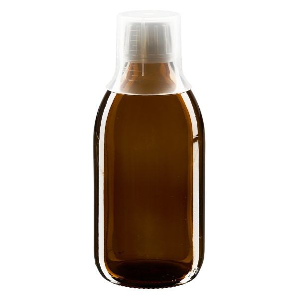 Frasco para medicamentos de 250ml castanho, tampa inviolável com copo doseador 30ml ApoGlas Frasco para medicamentos de 250ml castanho, tampa inviolável com copo doseador 30ml ApoGlas