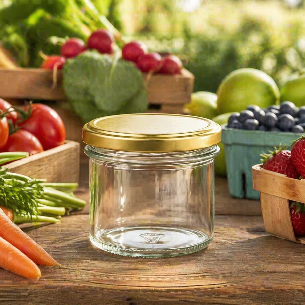 Copos de vidro de 125 ml com tampa BasicSeal dourada UNiTWIST 125ml Sturzglas mit goldenem Deckel zwischen frischem Obst und Gemüse - ideal für hausgemachte Marmelade